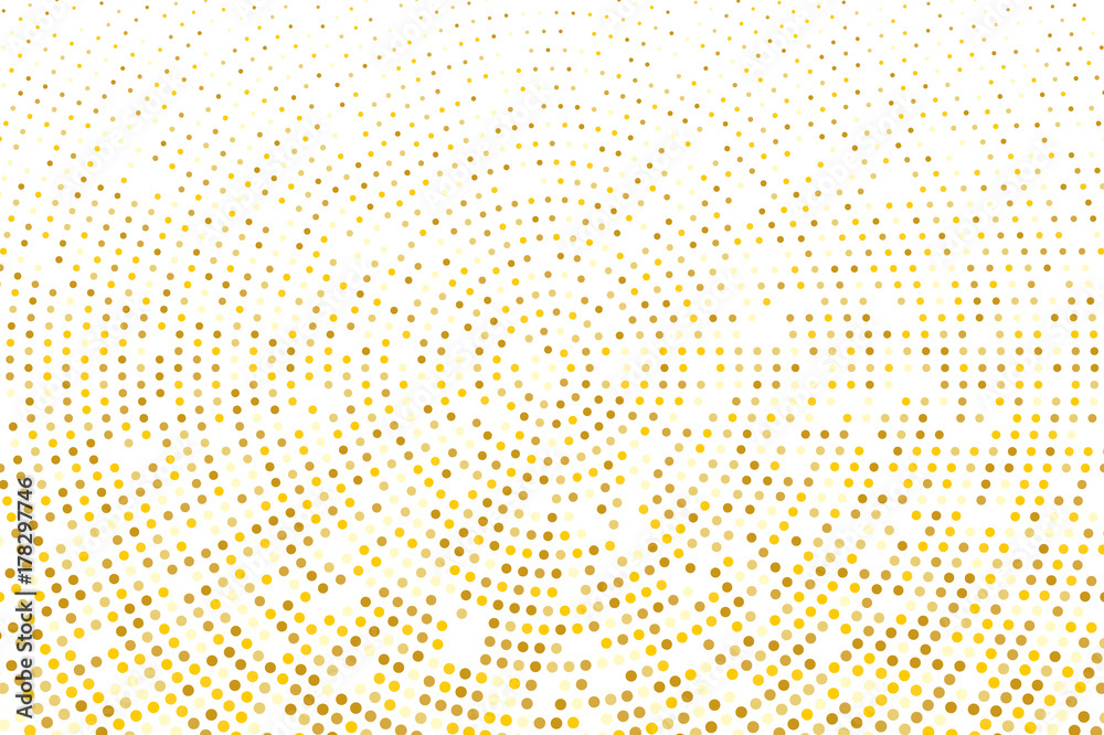 Abstract futuristic halftone pattern. Comic background. Dotted backdrop with circles, dots, point small scale. Gold, golden glitter