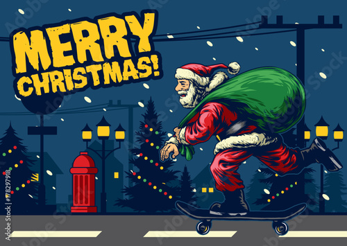 santa claus ride skateboard around city