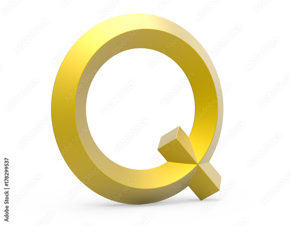 3D render golden beveled alphabet Q 3D render golden beveled alphabet Q