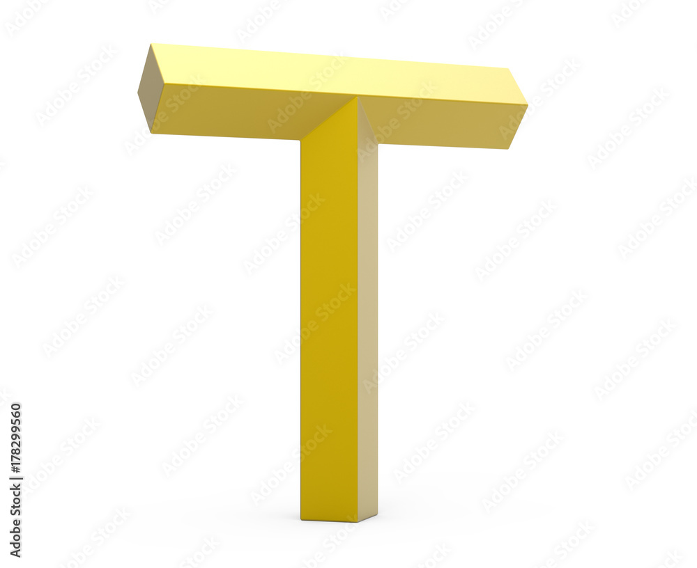 3D render golden beveled alphabet T