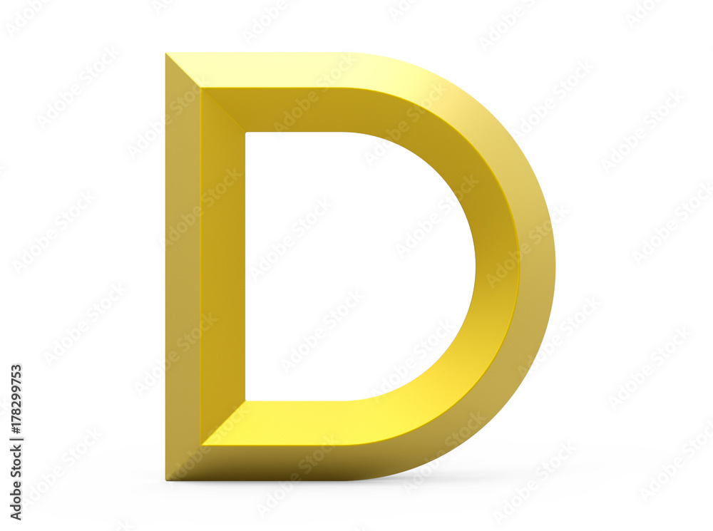 3D render golden beveled alphabet D 3D render golden beveled alphabet D