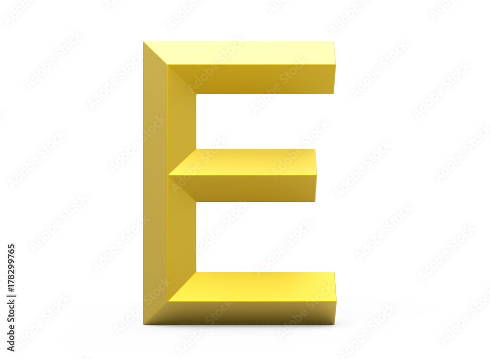 3D render golden beveled alphabet E 3D render golden beveled alphabet E