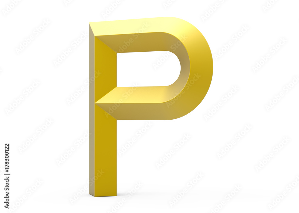 3D render golden beveled alphabet P 3D render golden beveled alphabet P