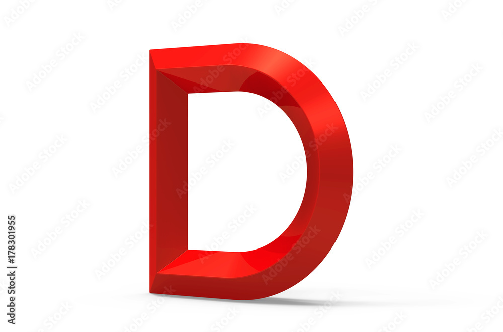 3D render red beveled alphabet D 3D render red beveled alphabet D