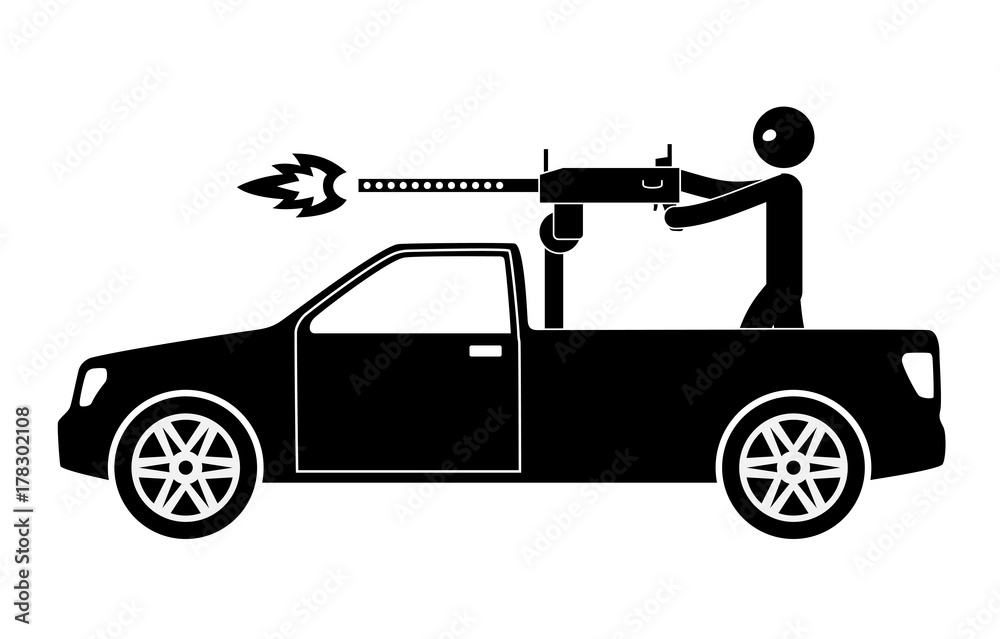 Terrorist pickup car with machine gun and terrorist. Terrorism world threat concept. Vector illustration.