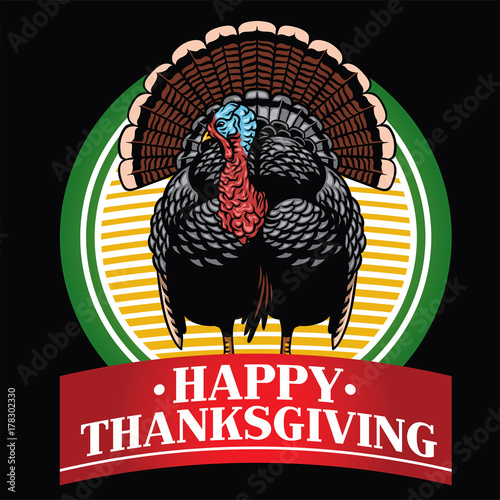 Turkey badge design with happy thanksgiving text