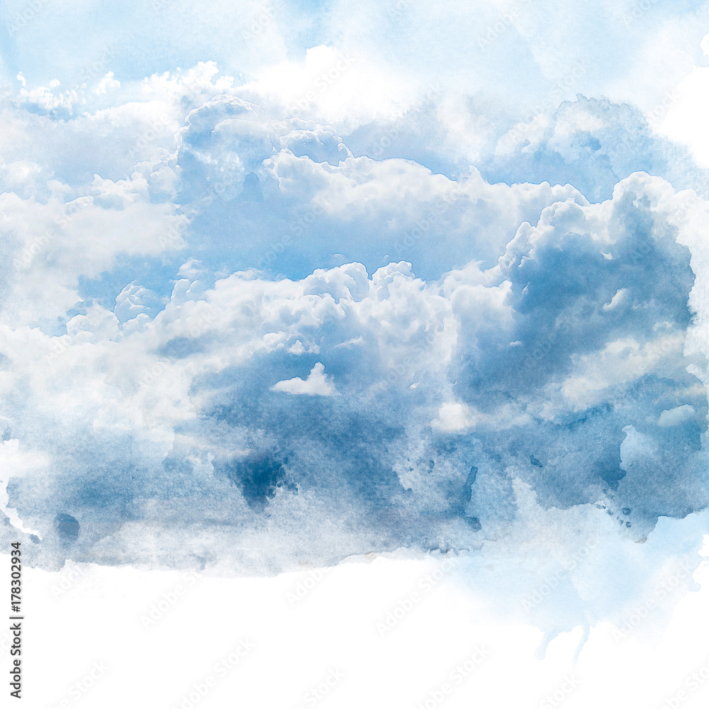 Blue sky with white cloud. Artistic watercolor painting (retouch ...