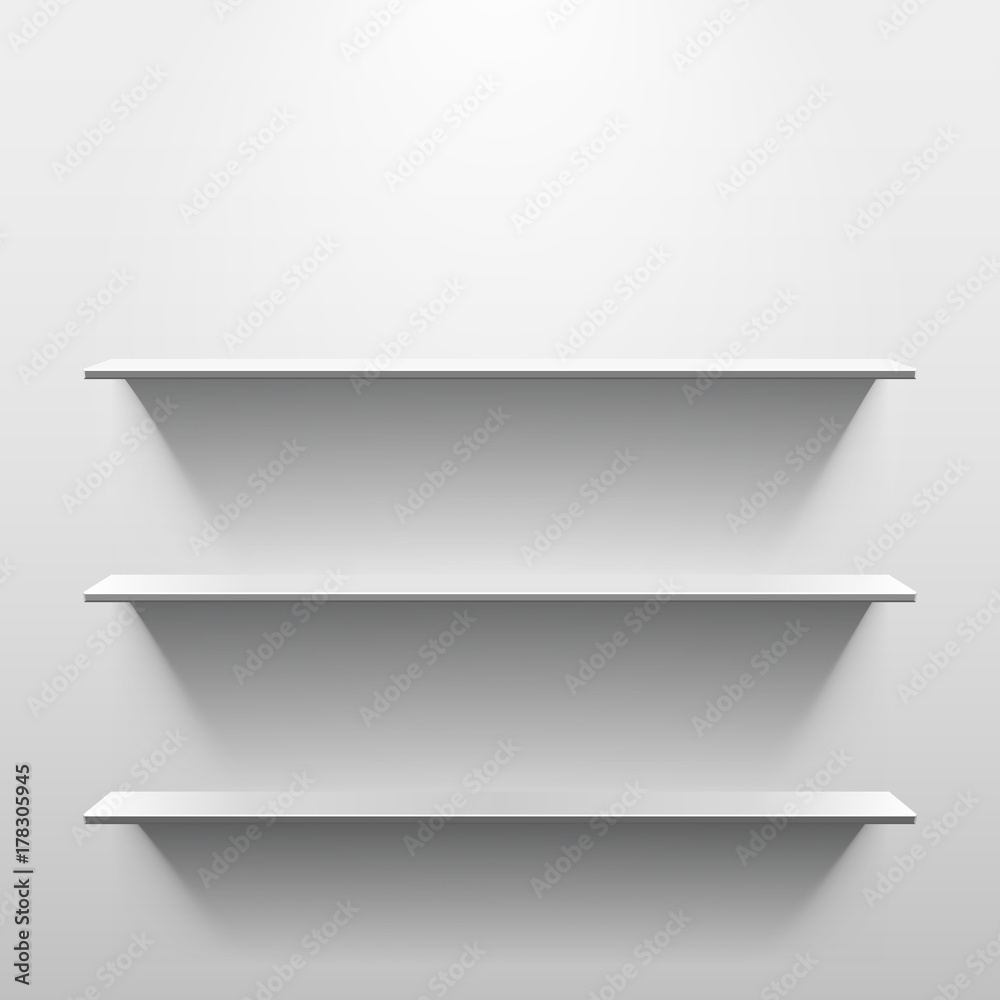 Three shelves with shadow in empty white room Three shelves with shadow in empty white room