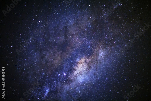 The Center of Milky way galaxy with stars and space dust in the universe, Long exposure photograph, with grain.