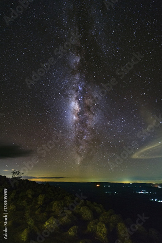 Milky way galaxy with knob stone ground is name Lan Hin Pum viewpoint at Phu Hin Rong Kla National Park in Phitsanulok, Thailand