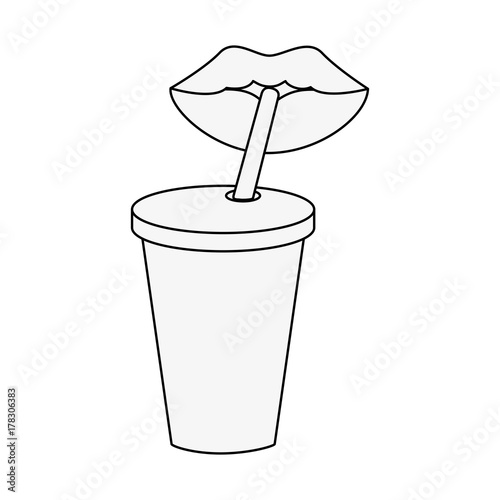 lips drinking soda in disposable cup with straw icon image vector illustration design  black line