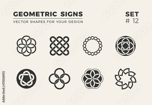 Set of eight minimalistic shapes. Stylish vector logo emblems for Your design. Simple creative geometric signs collection.