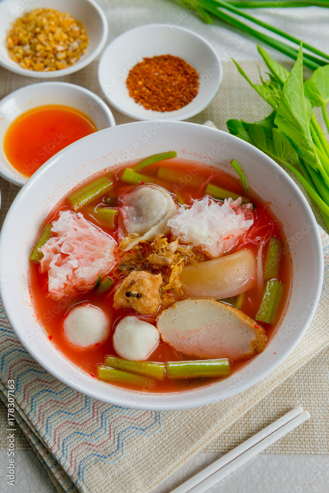 pink seafood flat noodle (Tom Yum Yen-Ta-Fo) pink seafood flat noodle (Tom Yum Yen-Ta-Fo)