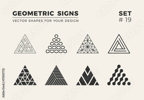 Set of eight minimalistic shapes. Stylish vector logo emblems for Your design. Simple creative geometric signs collection. photo