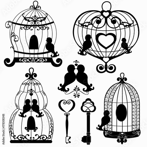 set with cages and birds