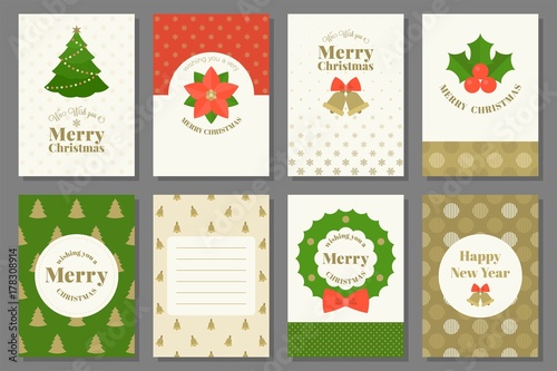 Merry Christmas typography and elements for holidays with greeting card template and pattern