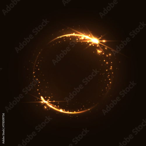 Gold luminous frame. Shining golden ring on a dark background