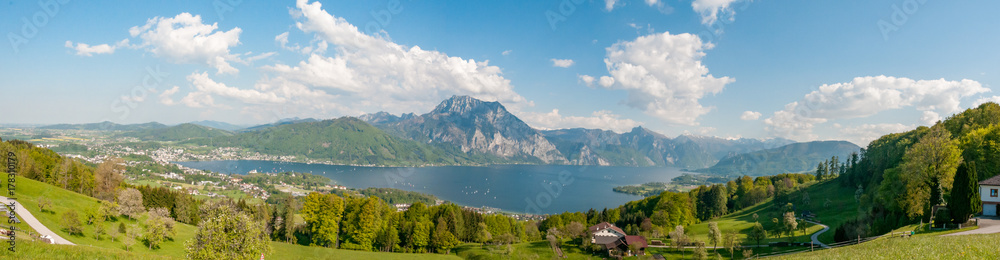 panorama of mount Traunstein and lake Traunsee in Austria