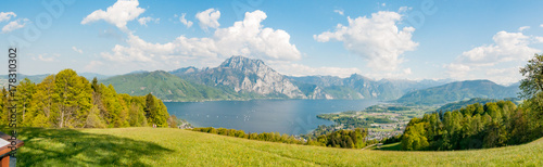panorama of mount Traunstein and lake Traunsee in Austria photo
