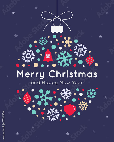 Christmas card template with christmas ball made from snowflakes and christmas decorations isolated on the dark background.
