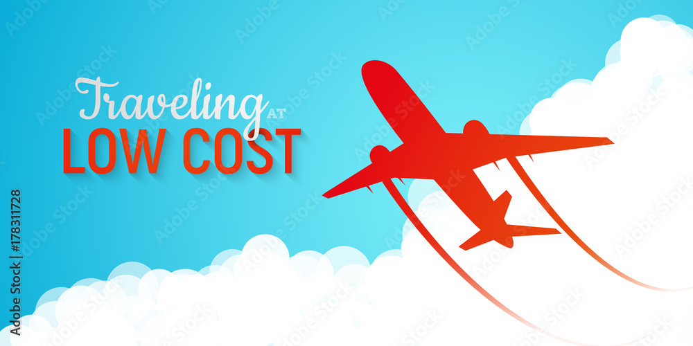 Banner advertising low cost airlines. Red silhouette of plane flying  through clouds on blue sky background vector illustration. Fast and cheap  modern mode of transport Stock-Vektorgrafik | Adobe Stock