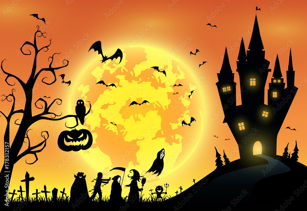 illustration background,festival halloween,full moon on dark night with many ghost and devil walking to castle for celebration halloween day