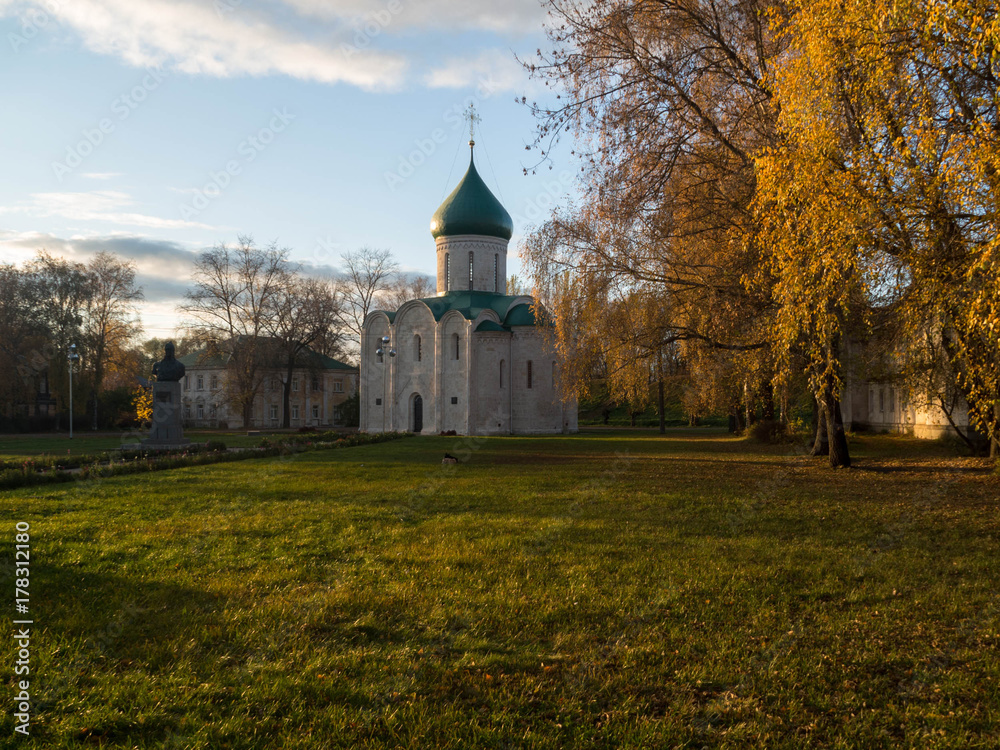 PERESLAVL-ZALESSKY, RUSSIA - October, 2017: Spaso Preobrazhensky cathedral Cathedral in Pereslavl Kremlin and Monument to Alexander Nevsky. Pereslavl-Zalessky, Russia. Golden Ring of Russia.