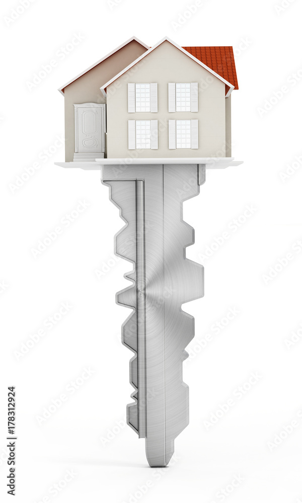 House model connected to the metal key. 3D illustration