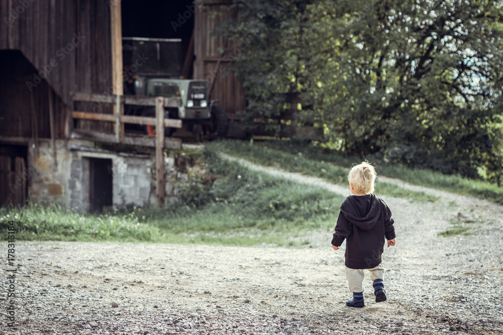 Blonde, little boy walks straight to a tractor on a farm Blonde, little boy walks straight to a tractor on a farm