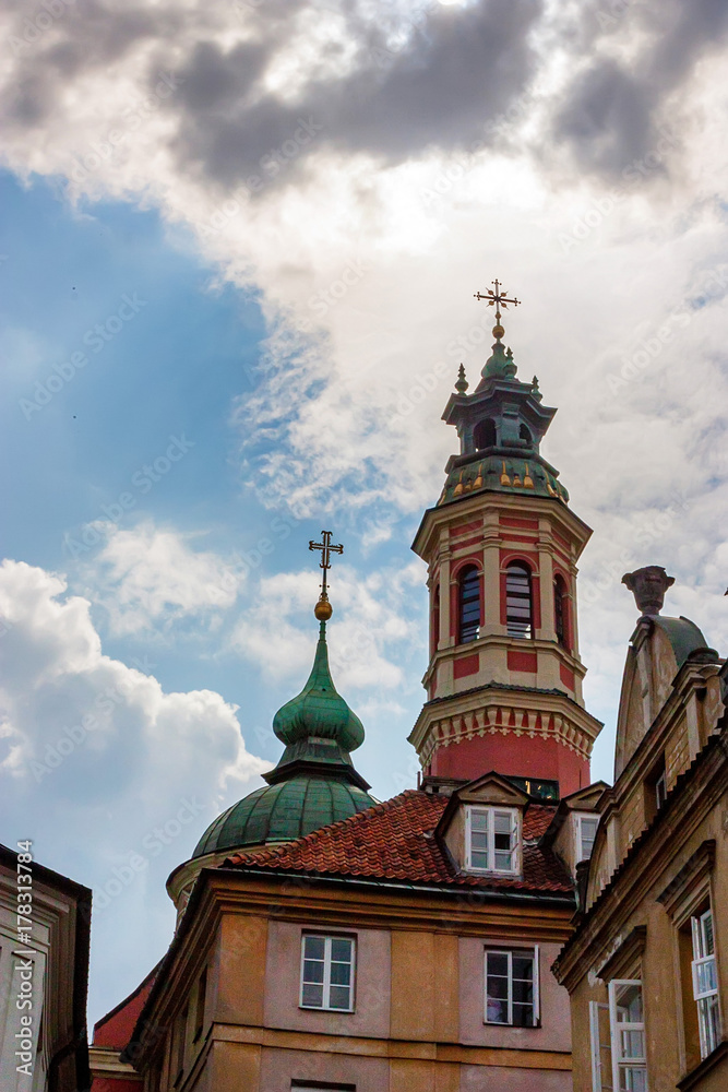 View of church in old town in Warsaw, Poland