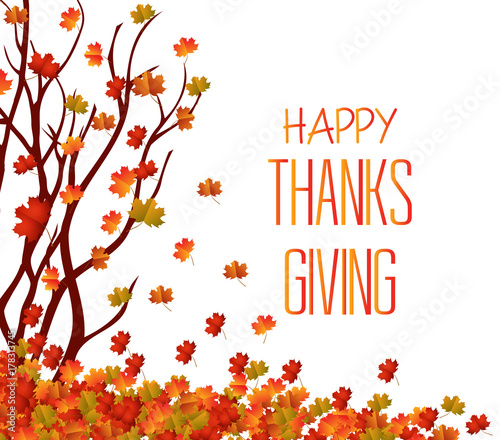 Happy Thanksgiving Day. Autumn tree and pile of leaves. Fall Leaves Background