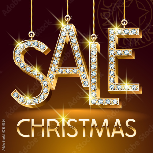 Vector Luxury Christmas Sale Banner for Jewelry Shop. Brilliant set of Alphabet Letters, Symbols and Numbers. Golden Font with Graphic style.