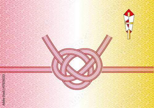 正月・慶事素材　背景｜のし付き　水引き　あわじ結び（淡路結び）赤×ピンク｜New Year image　Japanese traditional design
