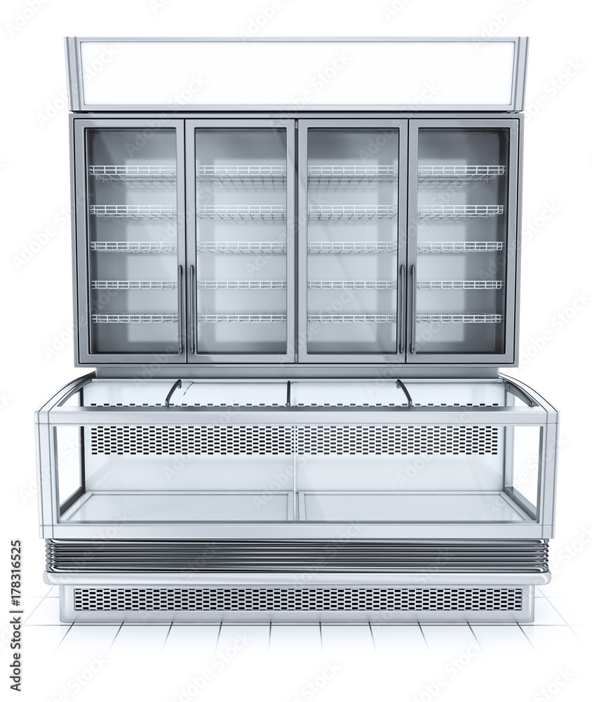 Refrigerated showcase front view. 3d image isolated on white. Refrigerated showcase front view. 3d image isolated on white.