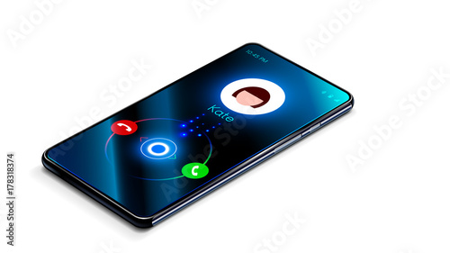Incoming call on the phone. The phone is ringing. Smartphone isolated on white background. Perspective view.
