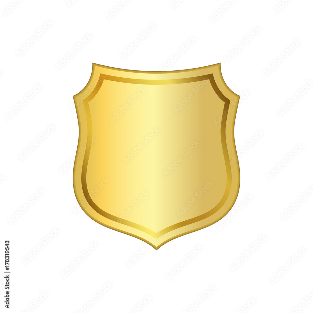 Gold shield shape icon. 3D golden emblem sign isolated on white background. Symbol of security, power, protection. Badge shape shield graphic design Vector illustration Gold shield shape icon. 3D golden emblem sign isolated on white background. Symbol of security, power, protection. Badge shape shield graphic design Vector illustration