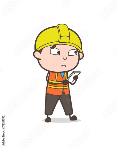 Checking Smartphone Features - Cute Cartoon Male Engineer Illustration