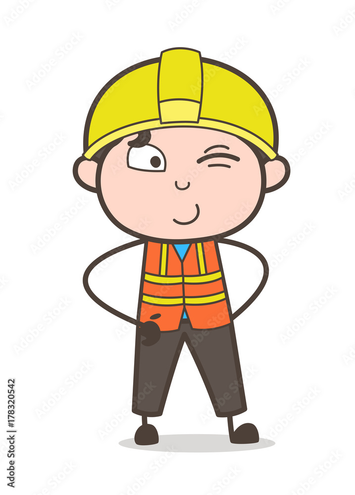 Naughty Winking Eye Face - Cute Cartoon Male Engineer Illustration
