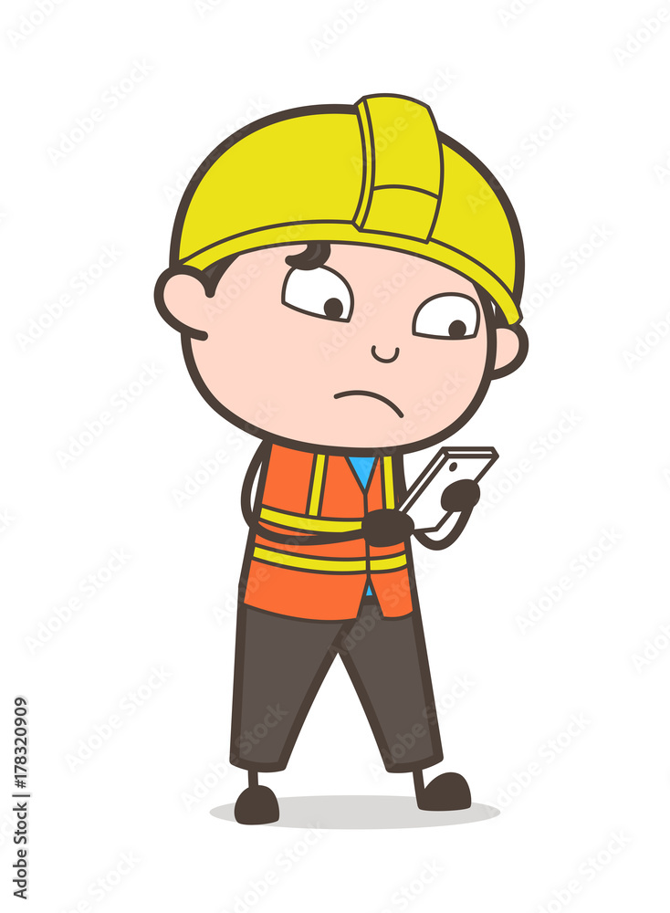 Reading Message in Mobile - Cute Cartoon Male Engineer Illustration Reading Message in Mobile - Cute Cartoon Male Engineer Illustration
