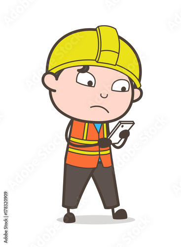 Reading Message in Mobile - Cute Cartoon Male Engineer Illustration
