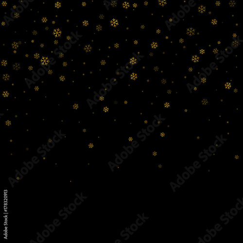 Christmas winter black background with Christmas golden falling snowflakes. Gold elegant snowfall Christmas background. Happy New Year card design for holiday Vector illustration