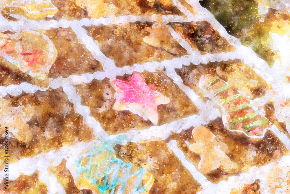 Water Paint of the roof of a Candy Ginger Bread House Christmas theme Background