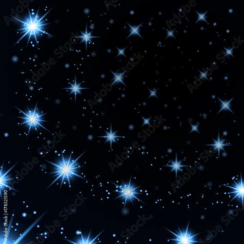 Blue light stars on black background. Abstract bokeh glowing design. Shine bright elements. Shiny fantasy glow in dark. Vector illustration