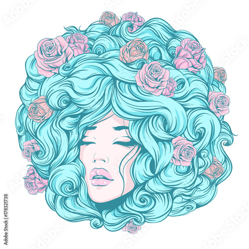 the girl face, eyes closed, long curly hair with decorative hair decorated with flowers