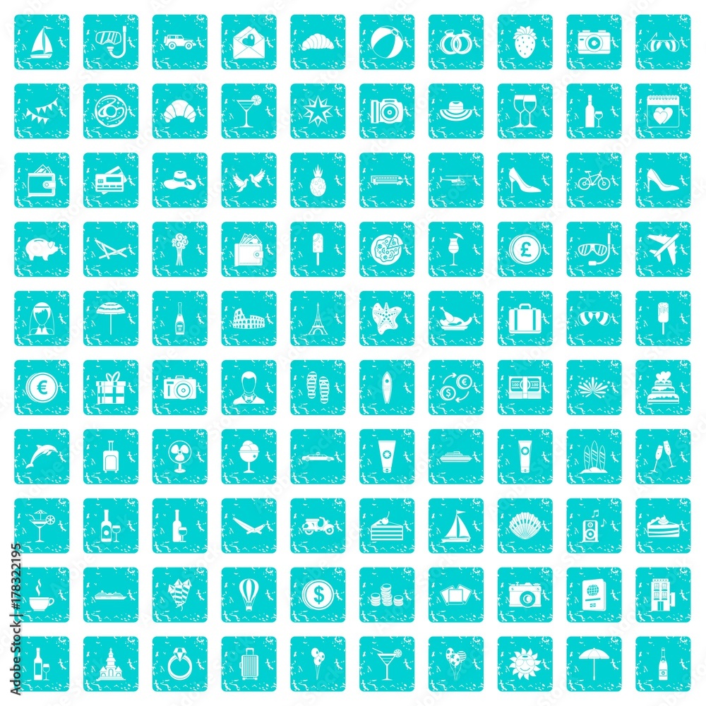 100 honeymoon icons set grunge blue 100 honeymoon icons set grunge blue