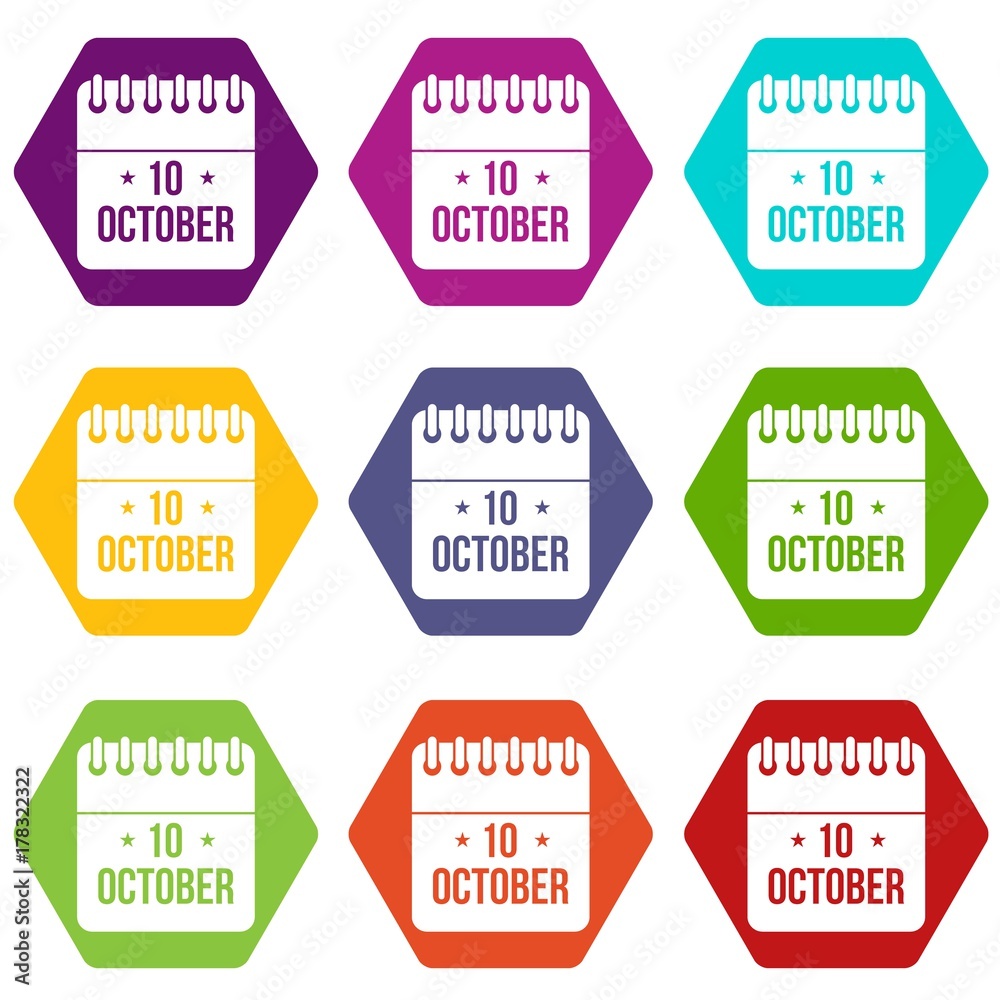 10 october calendar icon set color hexahedron