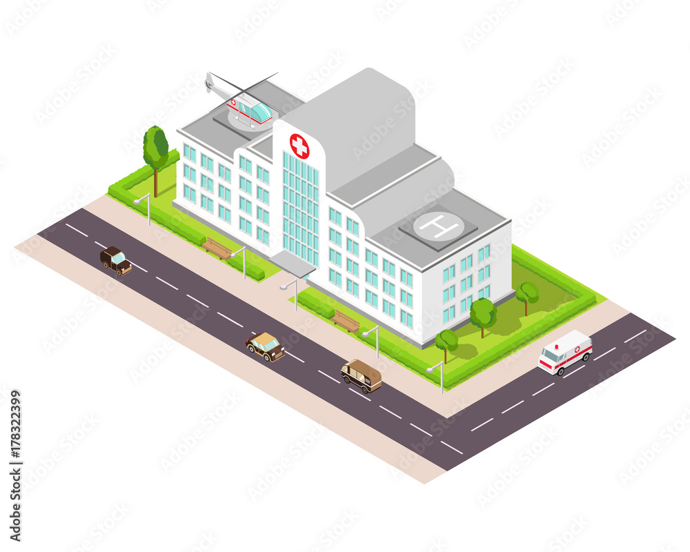 Isometric illustration with the image of hospital, the medical helicopter and an ambulance car. Building icon. Hospital and ambulance building.For games.The hospital building at the road with trees. Isometric illustration with the image of hospital, the medical helicopter and an ambulance car. Building icon. Hospital and ambulance building.For games.The hospital building at the road with trees.