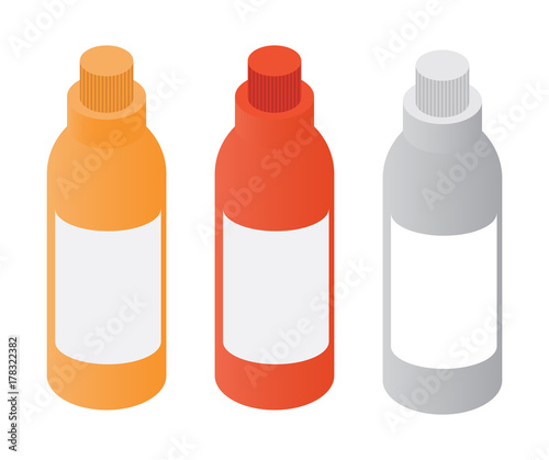 Set a vector of isometric bottles with water, juice, sparkling water. As element of design of infographics, booklet, delivery of water and drinks. Bottles for cleaning and disinfectants.