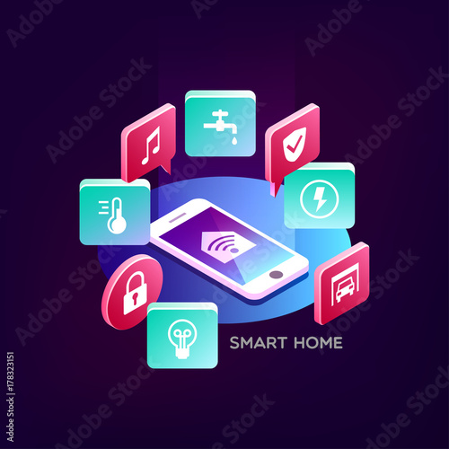 Smart home. Concept of smart house technology system with centralized control. Isometric vector illustration.