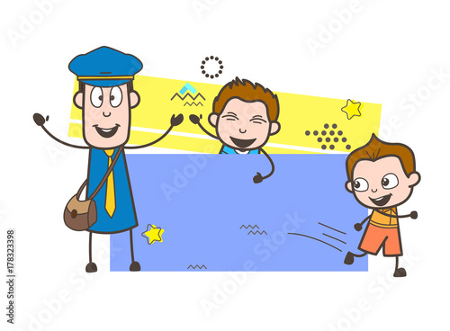 Happy Postman and Kids with Blank Space Banner